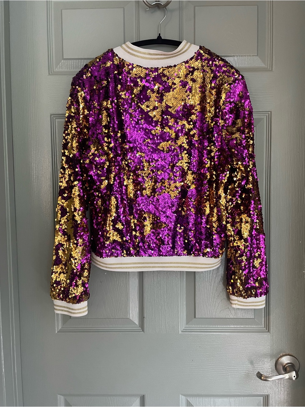 Purple & Gold Sequin Bomber Jacket - Women LSU Size L Gameday Mardi Gras - Picture 3 of 9